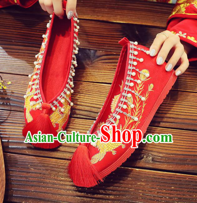 China Xiuhe Red Satin Shoes Classical Wedding Shoes Embroidered Pearls Shoes Handmade Bride Shoes China Xiuhe Red Satin Shoes Classical Wedding Shoes Embroidered Pearls Shoes Handmade Bride Shoes