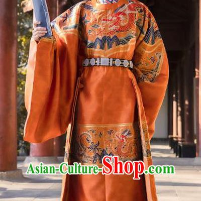 China Traditional Historical Clothing Ancient Young Male Orange Hanfu Robe Ming Dynasty Official Garment Costume