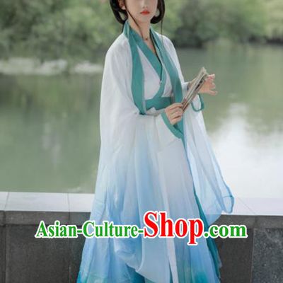 China Traditional Jin Dynasty Young Beauty Historical Clothing Ancient Noble Lady Blue Hanfu Dress Garments