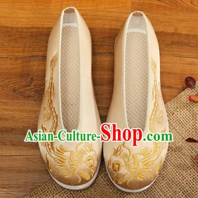 Chinese Bridegroom Shoes Handmade Light Golden Satin Shoes Male Embroidered Dragon Shoes Traditional Wedding Shoes