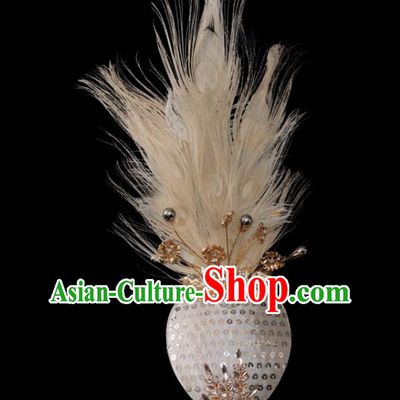 Professional China Dai Nationality Dance Hair Accessories Yunnan Ethnic Peacock Dance Beige Feather Headdress Children Dance Performance Hair Crown