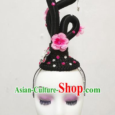 Chinese Woman Peach Blossom Dance Wigs Chignon Spring Festival Gala Stage Performance Hair Accessories Classical Dance Hairpieces
