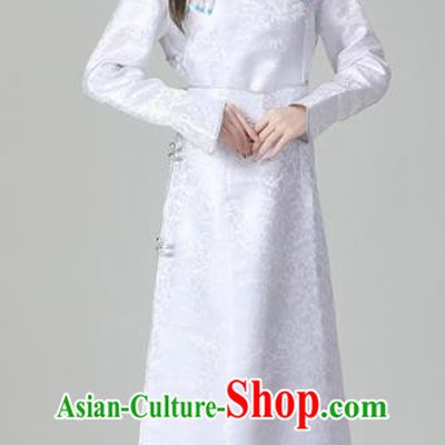 China Mongolian Performance Long Robe Mongol Nationality Folk Dance Clothing Woman Group Dance Garment Ethnic White Brocade Dress