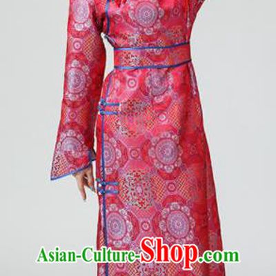 China Woman Group Dance Garment Ethnic Rosy Brocade Dress Mongolian Performance Long Robe Mongol Nationality Folk Dance Clothing