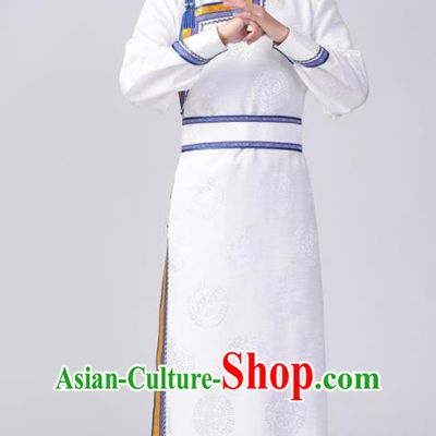 Chinese Mongol Nationality Dance White Robe Mongolian Ethnic Male Garment Costume Minority Stage Performance Clothing