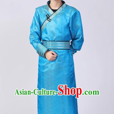 Chinese Mongol Nationality Blue Robe Mongolian Performance Garment Costume Minority Ethnic Folk Dance Clothing