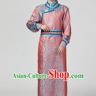 Chinese Ethnic Stage Performance Costume Minority Festival Clothing Mongol Nationality Folk Dance Pink Brocade Robe Mongolian Male Garment