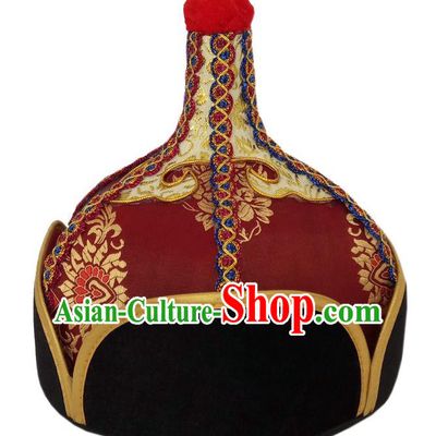 Chinese Mongol Nationality Children Dark Red Hat Ethnic Boys Performance Headdress Mongolian Ethnic Dance Headwear