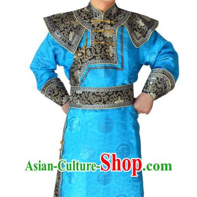 Chinese Minority Festival Performance Clothing Mongol Nationality Blue Brocade Robe Mongolian Male Folk Dance Garment Ethnic Wedding Costume