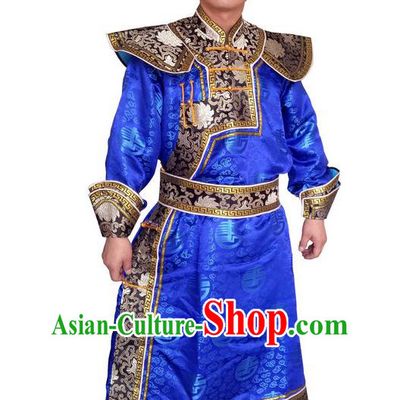 Chinese Ethnic Wedding Costume Minority Festival Performance Clothing Mongol Nationality Royalblue Brocade Robe Mongolian Male Folk Dance Garment