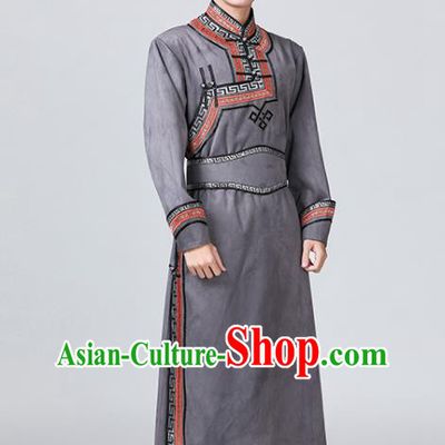 Chinese Mongolian Male Garment Costume Ethnic Minority Folk Dance Clothing Mongol Nationality Grey Suede Fabric Robe