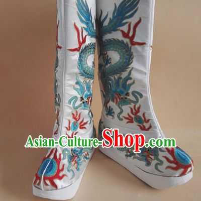 Chinese Ancient King Shoes Beijing Opera Emperor Shoes Handmade Embroidered Dragon White Satin Boots Sichuan Opera Shoes