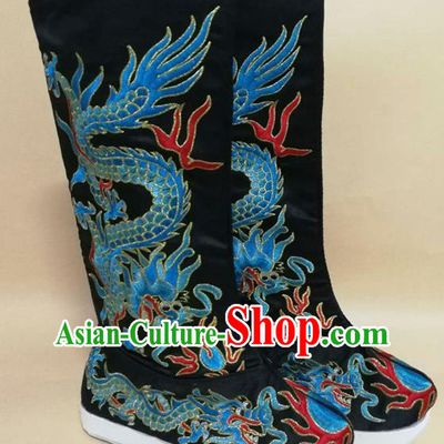 Chinese Sichuan Opera Shoes Ancient King Shoes Beijing Opera Emperor Shoes Handmade Embroidered Dragon Black Satin Boots