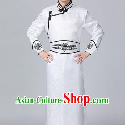 Chinese Minority Folk Dance Clothing Mongol Nationality White Robe Mongolian Male Garment Ethnic Wedding Costume