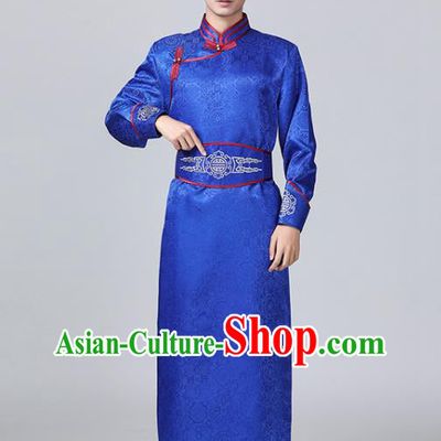 Chinese Ethnic Wedding Costume Minority Folk Dance Clothing Mongol Nationality Royalblue Robe Mongolian Male Garment