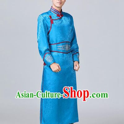 Chinese Mongolian Male Garment Ethnic Wedding Costume Minority Folk Dance Clothing Mongol Nationality Blue Robe