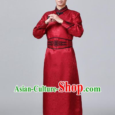 Chinese Mongol Nationality Red Robe Mongolian Male Garment Ethnic Wedding Costume Minority Folk Dance Clothing