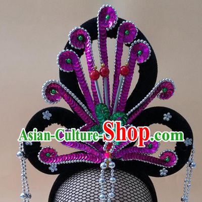 Chinese Ancient Fairy Headpieces Beijing Opera Hua Tan Wigs Chignon Headdress Peking Opera Diva Purple Phoenix Hair Accessories