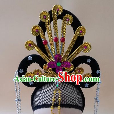 Chinese Beijing Opera Hua Tan Wigs Chignon Headdress Peking Opera Diva Golden Phoenix Hair Accessories Ancient Fairy Headpieces