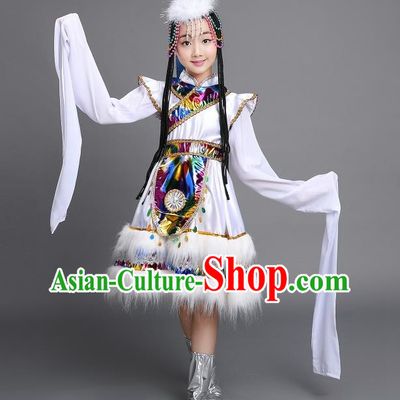 Chinese Zang Nationality Girls Clothing Ethnic Children Folk Dance Garments Tibetan Minority Performance White Dress