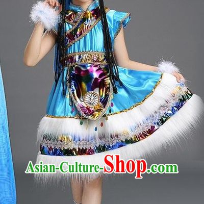Chinese Ethnic Children Folk Dance Garments Tibetan Minority Performance Blue Dress Zang Nationality Girls Clothing