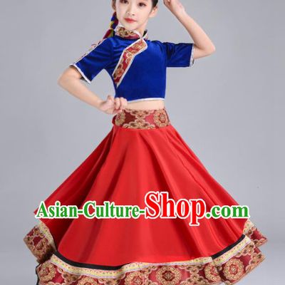 Chinese Zang Nationality Folk Dance Clothing Ethnic Children Stage Performance Garments Tibetan Minority Girl Red Dress and Hair Accessories