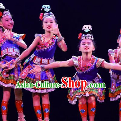 Chinese Hmong Minority Girl Blue Dress Miao Nationality Folk Dance Clothing Ethnic Children Stage Performance Garments