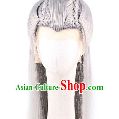 Chinese Traditional Cosplay Swordsman Headdress Ancient Knight Hairpieces Handmade Ming Dynasty Grey Front Lace Wigs
