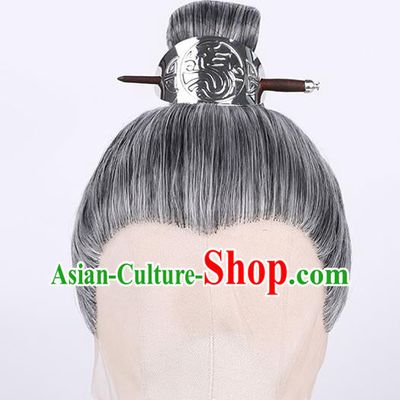 Chinese Handmade Tang Dynasty Milord Grey Front Lace Wigs Traditional Cosplay Official Headdress Ancient Elderly Male Hairpieces