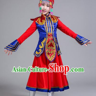 Chinese Mongolian Minority Girl Red Dress Outfits Mongol Nationality Folk Dance Clothing Ethnic Children Stage Performance Garments