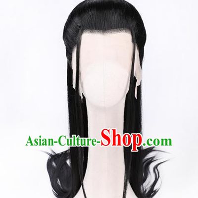 Chinese Handmade Jin Dynasty Knight Black Front Lace Wigs Traditional Cosplay Swordsman Headdress Ancient Young Childe Hairpieces