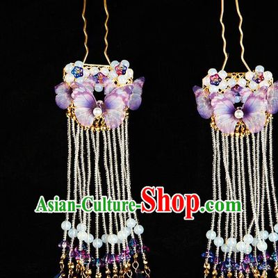 Chinese Ming Dynasty Palace Lady Purple Butterfly Hairpin Traditional Hanfu Hair Accessories Ancient Princess Tassel Hair Stick
