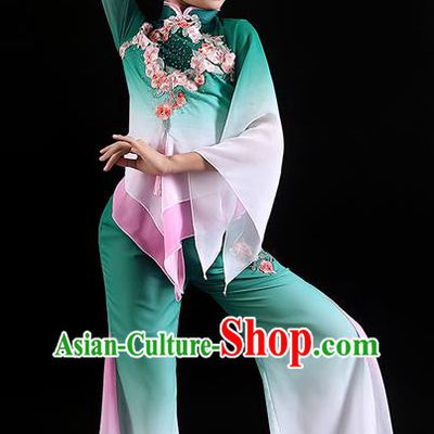 Chinese Children Dance Performance Green Uniforms Folk Dance Outfits Fan Dance Costumes Yangko Dance Clothing