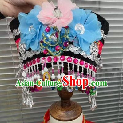 Top China Girl Stage Performance Headpiece Hani Nationality Dance Headwear Ethnic Children Folk Dance Hat