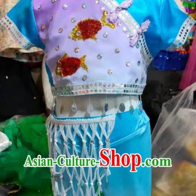 Chinese Folk Dance Blue Outfits Girl Fan Dance Costumes Yangko Dance Clothing Children Fisher Maiden Performance Uniforms