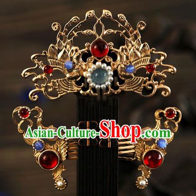 Chinese Ancient Bride Headpieces Ming Dynasty Golden Hair Comb and Hairpins Traditional Hanfu Wedding Hair Accessories