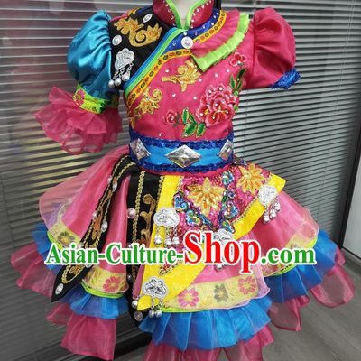 Chinese Yunnan Minority Dance Pink Dress Uniforms Lisu Nationality Children Festival Clothing Ethnic Folk Dance Garments