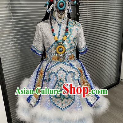 Chinese Tibetan Nationality Girl Festival Clothing Ethnic Children Folk Dance Garments Zang Minority Dance Blue Dress Uniforms