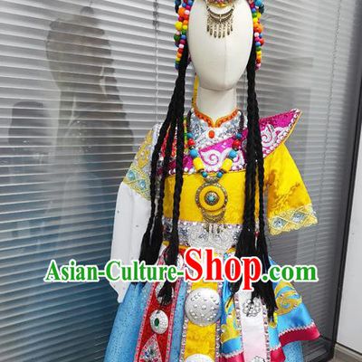 Chinese Zang Minority Dance Dress Uniforms Tibetan Nationality Girl Performance Clothing Ethnic Children Folk Dance Garments