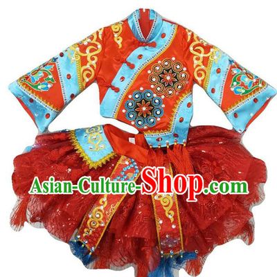 Chinese Children Performance Red Uniforms Folk Dance Outfits Girl Opera Dance Costumes Yangko Dance Clothing