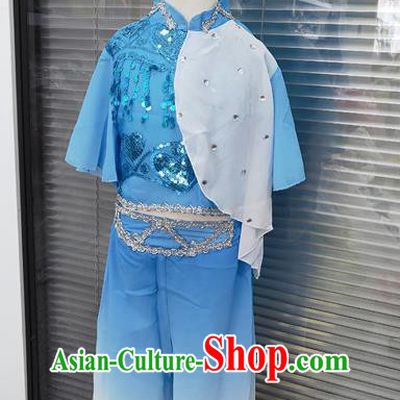 Chinese Yangko Dance Clothing Children Performance Blue Uniforms Folk Dance Outfits Girl Fan Dance Costumes