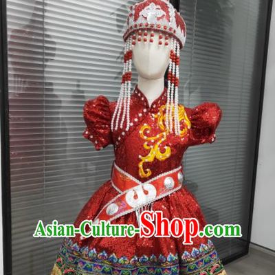 Chinese Mongolian Nationality Girl Clothing Ethnic Children Folk Dance Garments Mongol Minority Performance Red Dress Uniforms and Headdress