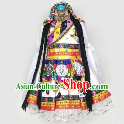 Chinese Ethnic Children Folk Dance Garments Zang Minority Performance White Dress Tibetan Nationality Girl Clothing and Hair Accessories