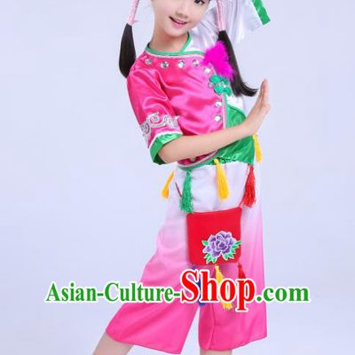 Chinese Fan Dance Dress Yangge Dance Clothing Children Yangko Dance Rosy Uniforms Folk Dance Costumes