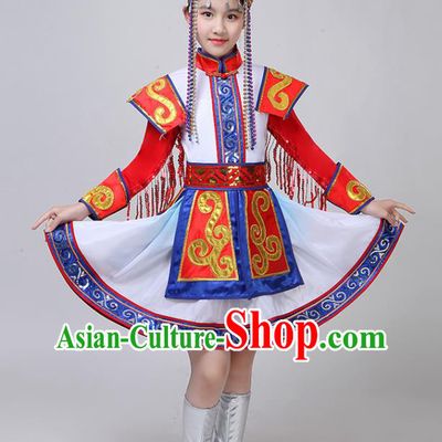 Chinese Mongolian Minority Girl White Dress Outfits Mongol Nationality Folk Dance Clothing Ethnic Children Performance Garments