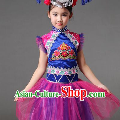 Chinese Ethnic Children Performance Garments Minority Girl Purple Dress Outfits Zhuang Nationality Folk Dance Clothing