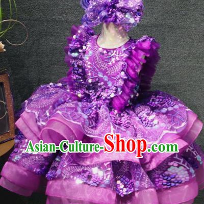 Top Girl Dance Performance Garment Catwalks Purple Flowers Bubble Dress Christmas Formal Evening Wear Children Day Stage Show Clothing