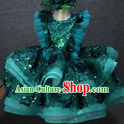 Top Children Stage Show Clothing Girl Dance Performance Garment Catwalks Green Flowers Bubble Dress Christmas Formal Evening Wear
