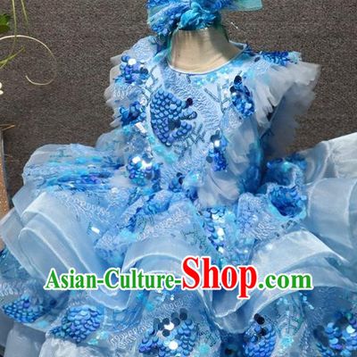 Top Christmas Formal Evening Wear Children Stage Show Clothing Girl Dance Performance Garment Catwalks Blue Sequins Bubble Dress