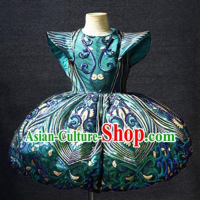Top Catwalks Green Sequins Bubble Dress Christmas Formal Evening Wear Children Stage Show Clothing Girl Compere Performance Garment